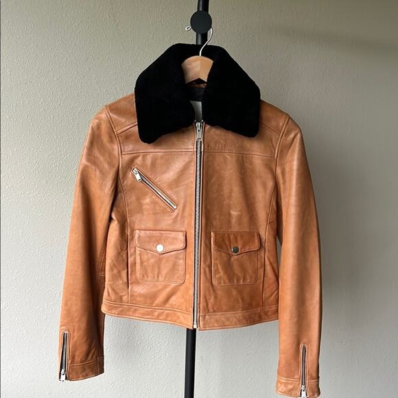 Doma Women’s Cropped Leather Bomber Jacket with Detachable Shearling Collar - L - Picture 1 of 9